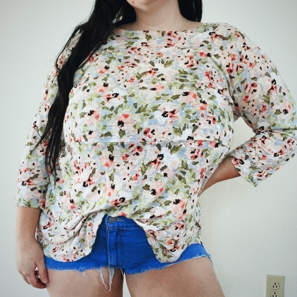 J. Jill 3/4 Sleeve Floral Print Lightweight Linen Top Women's Size Large